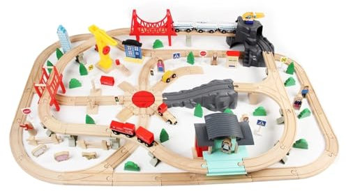 Bandits & Angels Holzeisenbahn-Set Stadt 130 Teile ab 3 Jahren für Jungen und Mädchen – Holzeisenbahn-Set mit 130 Teilen – Eisenbahngleise für Kinder – viel Zubehör