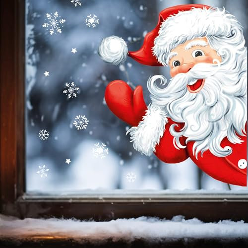 Wandtattoo Loft Fensterbilder Weihnachten mit winkenden Weihnachtsmann, rechts – Wiederverwendbar – A2 Bogen – Weihnachstdeko Fenster Kinderzimmer, Weihnachtsbilder Fenster, Fensterbild Winter
