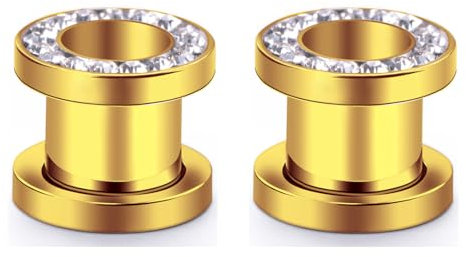 Decentraland Golden 2 Stück 316L Edelstahl O Ohrmessgeräte Kubische Zirkonia-Tunnel Ohren Schraubverschluss Körperpiercing-Schmuck