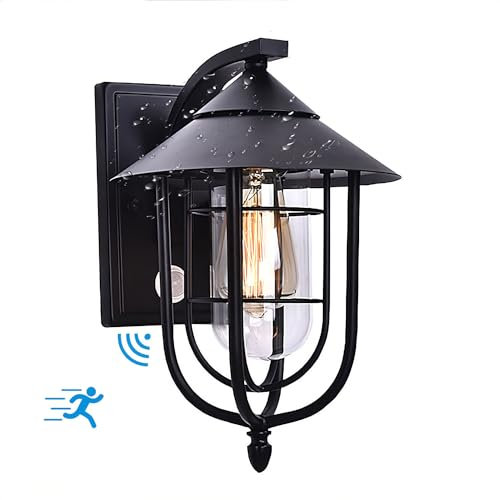 Außenwandleuchte mit Bewegungssensor IP65 Wasserdicht Außenleuchten E27 Vintage Industrial Wandlampe Schwarz Wandleuchte aus Metall und Glas Lampenschirm für Garage Garten Fassaden Front Veranda