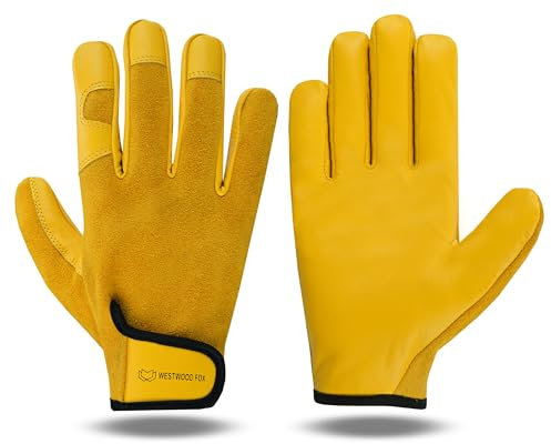 WESTWOOD FOX Arbeitshandschuhe Herren Leder Schnittfeste Handschuhe für Garten Gartenhandschuhe Damen Dornensicher, Gartenhandschuhe Dornenfest Gartenarbeitshandschuhe (Gelb, L)