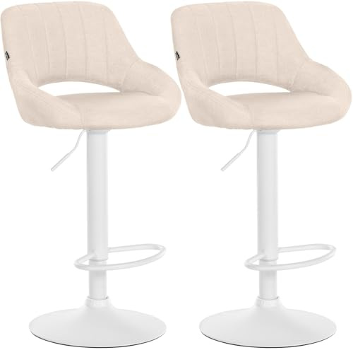CLP Barhocker 2er Set höhenverstellbar mit Lehne Milet, Barstühle gepolstert Stoffbezüge, Tresenstühle mit Metallgestellen drehbar, | Farbe Creme Material Gestell Metall matt Weiss