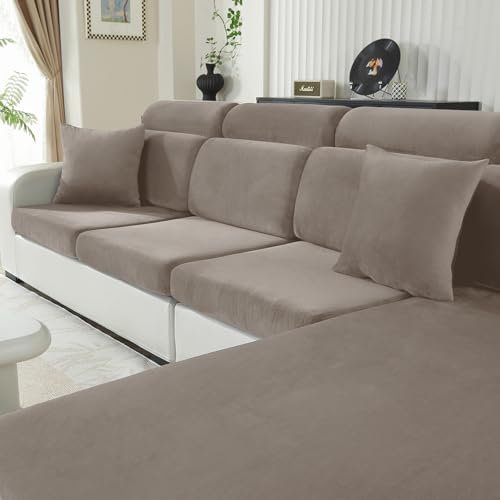 CYCMACO Samt Sitzkissenbezug, Stretch Sofa Sitzkissenbezug rutschfest, Universal Sofa Überzug Wohnzimmer, Elastischer Kissenbezüge, Waschbare(2-Sitzer, Khaki)