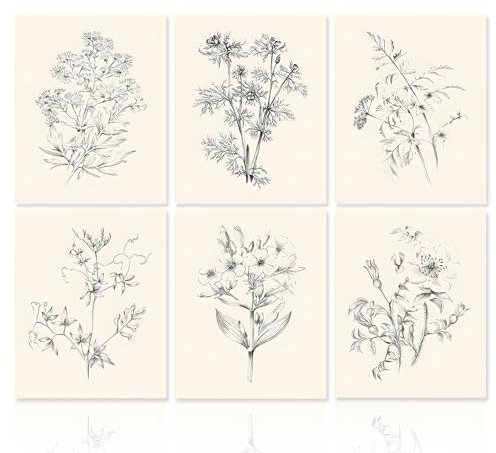 Dazzlewall Vintage Blumen Leinwand Bilder, Minimalistische Botanische Kunstdrucke Wandposter für Schlafzimmer Wohnzimmer Dekor 20x25 cm Ohne Rahmen 6er Set