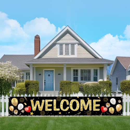 Koliphy Willkommensbanner für Heimwillkommen und Willkommen, geeignet für Treffen, Familienfeiern, Schulanfang, Partydekoration, 180 x 30 cm, Schwarz und Gold