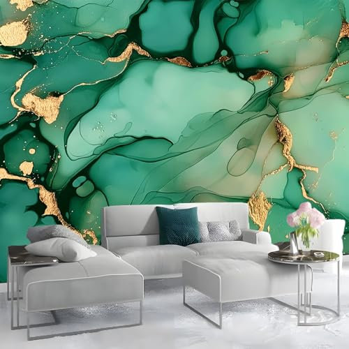 Papier Peint Panoramique 300 x 210 cm sur mesure taille Fresque Murale 3D Encre Abstraite Simple Papier Peint Intisse pour Salon Chambre Décoration Murale Vert Émeraude Or