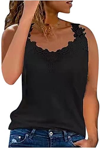 Vest Tops for Women UK Lace Summer Tops Sleeveless Vest T Shirts Loose Tunic Shirt Cotton Camisole Top Ladies Casual Tee Shirts Going Out Top Summer Tee Tops Cami Shirt Lace Blouses Black