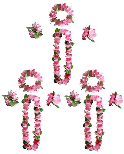 duoyif Colliers De Fleurs Hawaïennes Hula Luau Collier Tahitienne Bracelet Bandeau Hawaïen Colliers Fleurs Hawaïen pour Carnaval Fêtes sur La Plage Hawaï Fête Anniversaires (3 Sets Rose V)