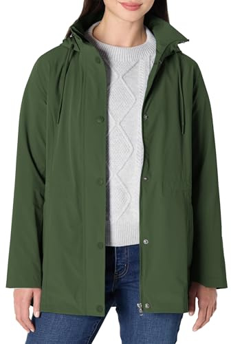 Amazon Essentials Women's Relaxed-Fit Lightweight Waterproof Long Hooded Rain Jacket, Dark Green, Medium