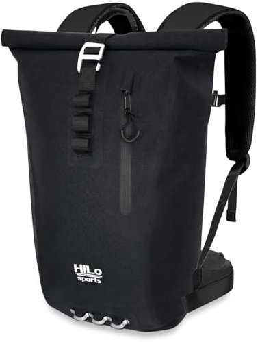 HiLo sports 25 Liter Rolltop Rucksack wasserdicht - Urban 25 Kurierrucksack - Rucksack für Damen und Herren - Für Büro, Arbeit, Freizeit & Fahrrad (Schwarz)