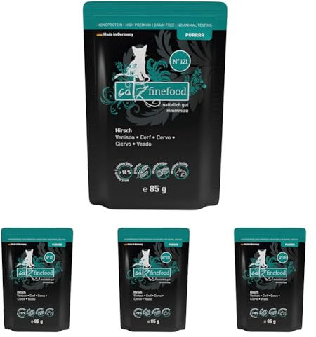 catz finefood Purrrr Hirsch Monoprotein Katzenfutter nass N° 121, für ernährungssensible Katzen, 70% Fleischanteil, 16 x 85g Beutel (Packung mit 4)