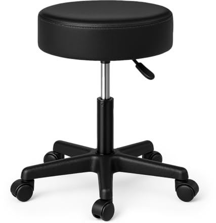 Waytex Arbeitshocker mit Rollen, 360 Grad drehbar, Sitzhöhe verstellbar von 44 bis 58 cm, Bequeme Sitzfläche, Dicke 9 cm, für Therapeuten, Friseure, ästhetische Einrichtungen, Schwarz