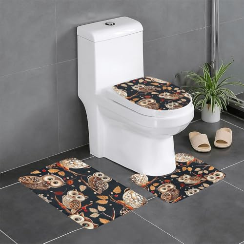 AUBKFELD Badematten-Set mit Eulen auf Baumzweig, bedruckt, 3-teilig, rutschfeste Badezimmerteppiche, Badematte und WC-Sitzbezug
