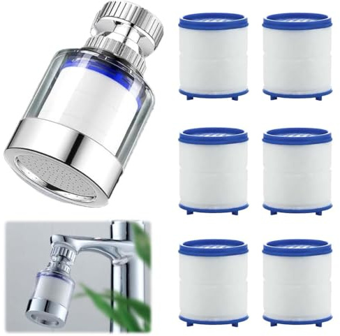 HABNI Filtro Agua Grifo 1 Unidad + 6 Recambios, Giratorio 360°, Transparente, Tamaño 22/24 Mm, Elimina Cloro Fluoruro Metales Pesados Agua Dura