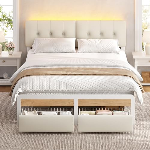 Bett 140x190 cm, Metallbett Bettgestell mit LED-Beleuchtung, Bettrahmen mit 2 Schubladen, Höhenverstellbares Kopfteil, Doppelbett mit Lattenrost, für Schlafzimmer, Gästezimmer, Leinenstoff Weiß