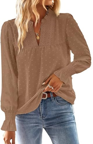 TUUHAW Tops for Women UK Elegant V Neck Autumn Flowy Ruffled Lace Blouse | Trendy Flowy Autumn Blouse, Ruffled Long Sleeves, Dressy Casual Bohemian Tunic, Swiss Dot Lace Edges, Casual Chiffon Style