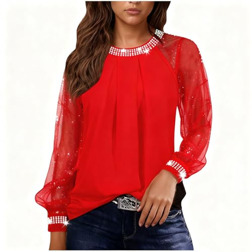 Ladies Party Tops Sheer Mesh Long Sleeve Crew Neck Blouses Sequin Glitter Top Ladies Sparkly Tunic Tops Elegant Evening Top for Women Thin Loose Casual Tees Party Tshirts Wedding Shirts Red