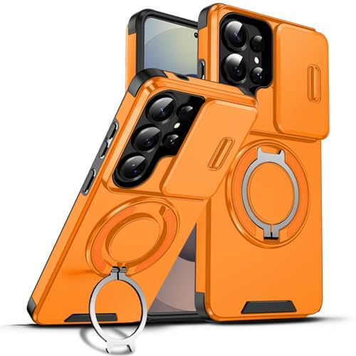 RILBIB Kameraschutz Hülle für Samsung Galaxy S26 Ultra | Handyhülle mit 360 Grad Drehbarer Ring Ständer und Schiebefenster Objektivschutz Case Militärschutz Stoßfest - Orange