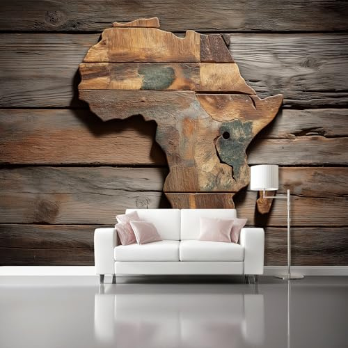 Africa Map Wood Planks Wall Mural 400 x 280 cm, Brown Vintage Photo Wallpaper for Classroom Study Room, Non-Woven Unpasted Large Art Mural