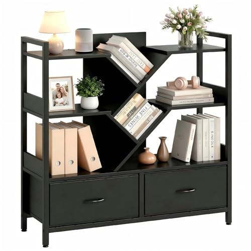 IRONCK Black Bookshelf with 2 Drawers & Wheels, Cube Bookcase 100x32x104 cm | Modern Shelving Unit for Living Room Furniture, Bedroom Office Study, Freestanding Storage Cupboard, Display Shelf