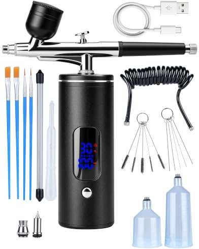 Airbrush Set mit Kompressor 0.3mm Präzision Airbrush Pistole mit LED Anzeig | 3 Druckstufen (20/26/30 PSI) Kabellos USB Wiederaufladbar Airbrush Kit für Modellbau Nageldesign Tortendekoration DIY Kunst