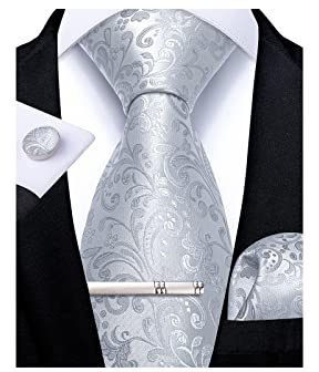 DiBanGu Tie for Men Silk Silver Paisley Necktie and Pocket Square Cufflinks Tie Clip Set Classic Formal Ties for Wedding Party
