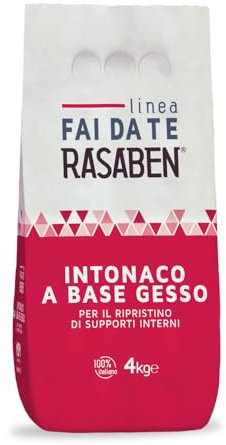 RASABEN -Intonaco di Alta Qualità a Base di Gesso, Extra Bianco, per Lavori di Muratura e Lisciatura, Preparazione Facile e Veloce, da Interno, da 4kg
