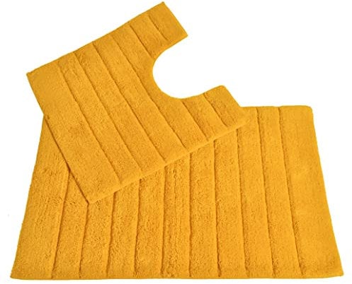 Allure Ribbed Design 2 Piece Bath and Pedestal Toilet Mat Set, 100% Cotton (Mustard)