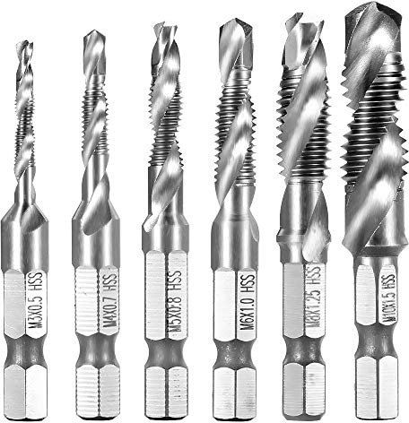 Newder-eu 6tlg 1/4 HSS M3-M10 Kombi Bohrer Gewindebohrer, Schraube Sechskantschaft Senker Werkzeuge Maschinengewindebohrer Set für Holz Kunststoff Dünnes Aluminium, Nicht für Hartes Metall