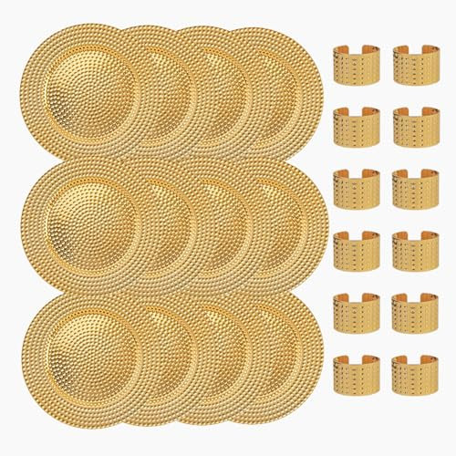 13 Inch Round Elegant Serve ware Charger Plates with Matching Napkin Rings, Wedding, Dinner party, set of 24 with 12 Charger plates and 12 napkin ring.