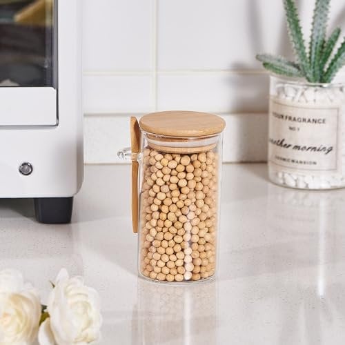 ORNAMI Airtight Glass Pantry Storage Canister Jar with Bamboo Lid & Spoon | BPA-Free, Clear Kitchen Organisation Jar - (1, 0.3L, Round)