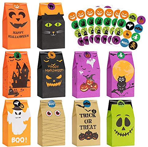 Halloween Süßigkeit Taschen Behandelt Taschen - 80 Stück Kinder Halloween Candy Taschen für Süßes oder Saures + 84 Stück Halloween Aufkleber, Mini Papier Geschenkbeutel, Halloween Goodie Taschen