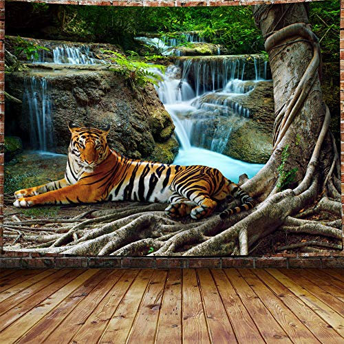 Tiger Tapisserie Tier Wandbehang Tropischer Regenwald Wasserfall Landschaft Wandteppich Boho Dekor für Wohnzimmer Schlafsaal Schlafzimmer Zuhause (179,8 x 229,9 cm)