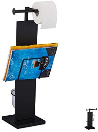 Relaxdays WC Garnitur, mit Klobürste, Klorollenhalter, Zeitungshalter, stehend, Metall, HBT 70 x 25,5 x 20 cm, schwarz