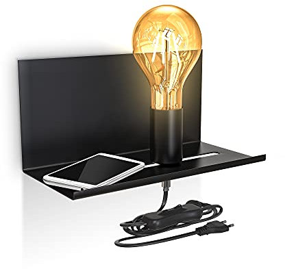 B.K.Licht - Wandleuchte innen mit Ablage, E27 Fassung, max. 10 Watt, Vintage, Wandlampe innen, Wandstrahler, Wandlicht, Wandbeleuchtung, Schlafzimmer, 25x11,5x12 cm, Schwarz