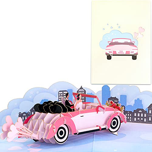 Liebessa handgemachte 3D Pop-Up Hochzeitskarte mit Hochzeitsauto – Glückwunsch-, Einladungs- und Geschenkkarte zur Hochzeit, Verlobung, Standesamt & Flitterwochen.