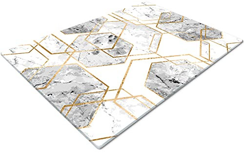 Geometric White Gold Glass Chopping Board - Non Slip, Small, Kitchen Worktop Saver