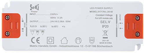 SeKi Alimentatore LED L-50-24 – 24 V – 2,08 A – 50 W; driver LED – Trasformatore – Alimentatore – Driver – Trasformatore, bianco, 50 Watt (2,08 A)