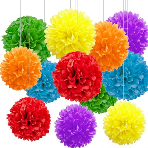 CC wonderland zone 12 Stück Seidenpapier Pompons Bunt,Seidenpompons Mehrfarbig Papier Pompons für Faschingsdeko,Karnevalsdeko,Regenbogen Party Deko