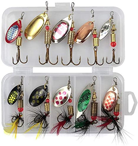 Aoleytech 10 pieces spinner fishing lures, metal spoon spinner bait set, sequins, fishing lures, artificial fish, bait fishing device for trout, bass, salmon, perch, zander