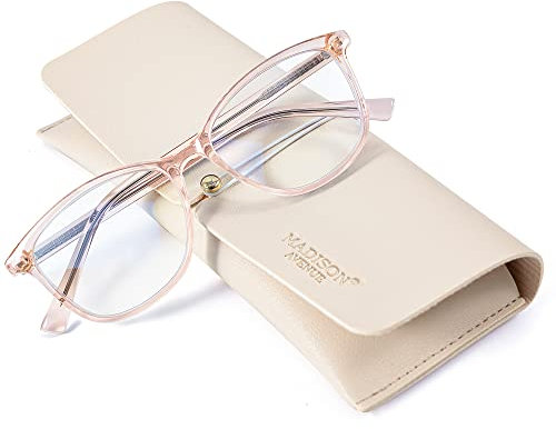 Madison Avenue Square Vintage TR90 Blue Light Blocking Reading Glasses for Women with Case, Anti Glare/Eyestrain Computer Readers Transparent Brown 3.0