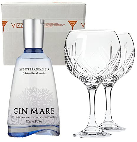 Gin Mare Premium Mediterranean Gin 42,7% Vol. 70 cl - Due Bicchieri In Vetro Borgonovo 620 ml