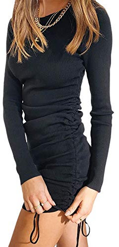 YILEEGOO Women Bodycon Ruched Mini Dress Long Sleeve Side Drawstring Stretchy Casual Ribbed Knit Party Club Dress (Black, L)