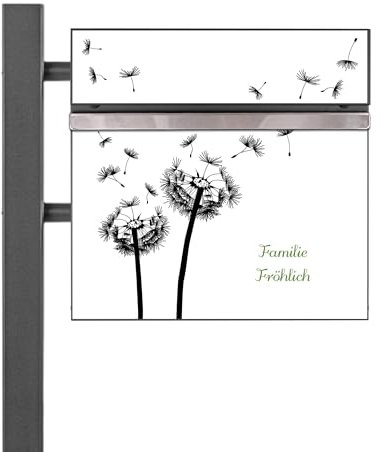 banjado® Standbriefkasten Anthrazit mit Namensschild Pusteblume 2 & Zeitungsfach/Briefkasten mit Standfuß in Anthrazit/Postkasten A4 Einwurf inkl. Montagematerial & 2 Schlüsseln