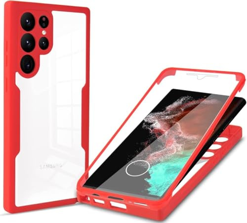 360 Grad Hülle Kompatibel mit Samsung Galaxy S23 Ultra | Handyhülle mit eingebautem Displayschutz für Galaxy S23 Ultra | Rot