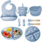 Hoidokly Vajilla Infantil de silicona 8 piezas, con Ventosa Plato y Cuenco Cuchara Tenedor Babero Set, para Bebe 6 Meses - Gris Azul
