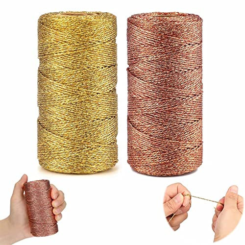 Queerelele 2 Rollen Metallic Kordel Nicht Elastisch Kordelband Schnur Craft Cord Metallisch Lametta Schnur Goldfaden Zum Basteln DIY Bastelschnur zum Handwerk Hochzeit Dekorieren oder Verpacken, 100M
