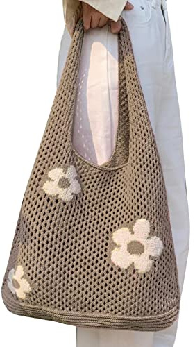 PW TOOLS Gehäkelte Tragetasche Netz Strandtasche Sommer Hobo Tasche Blume Gestrickte Umhängetaschen Ästhetische Tragetasche für Frauen und Mädchen