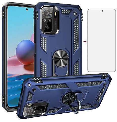 Asuwish Funda para Xiaomi Redmi Note 10S/10 S 4G con Cristal Templado Protector Pantalla Vidrio Pelicula Protectora Magnética Anillo Soporte Silicona TPU M2101K7AG M2101K7BNY Móvil Tapa Case Azul