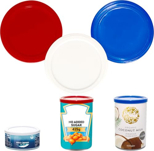 3 Food Can Covers - Lids for Tinned Food, Airtight Covers for Tinned Food, Food Storage, Red, White and Blue, Standard Size Can Covers for Tinned Food (3 Can Covers)